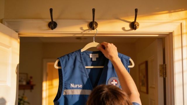 Placing nurse vest on doorway hook in sunlit home hallway with red cross patch