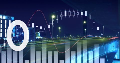 Night cityscape overlay with financial charts and data visualization