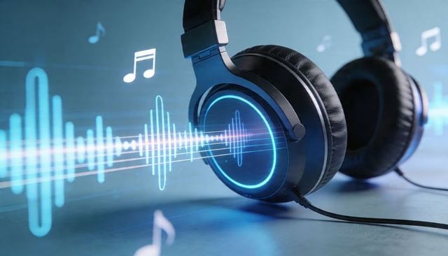 Over-ear headphones emitting neon waveform and musical notes with led ring on tabletop