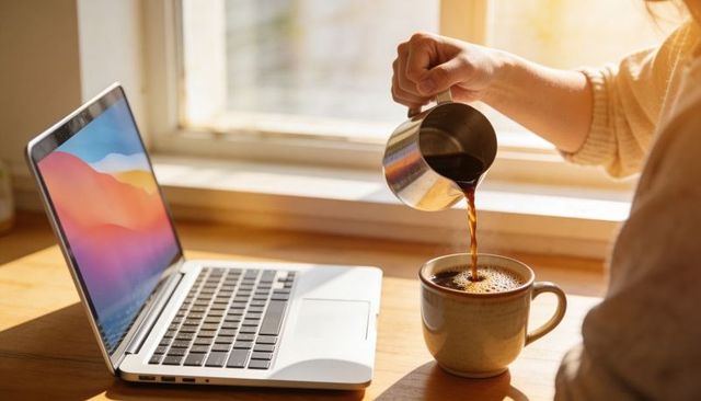 Woman pouring coffee into mug beside laptop on sunlit home workspace cozy morning routine
