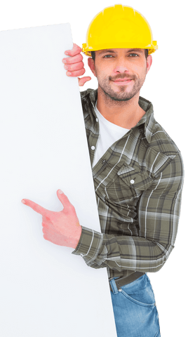 smiling construction worker pointing at transparent whiteboard - Download Free Stock Videos Pikwizard.com