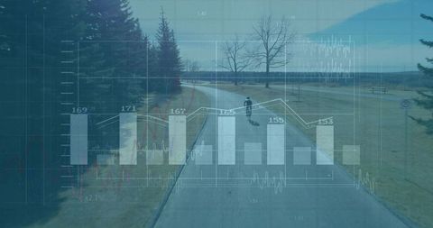 Youth cycling in park with digital analytics overlay