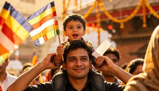 Father carrying son on shoulders waving colorful buddhist festival flag at temple celebration