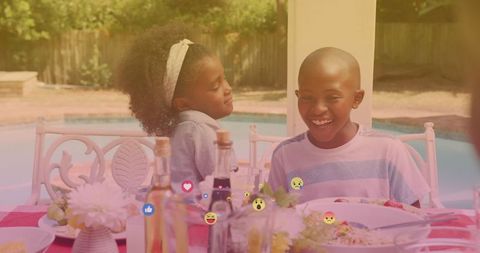 Joyful Children by Outdoor Pool with Digital Emojis - Download Free Stock Images Pikwizard.com