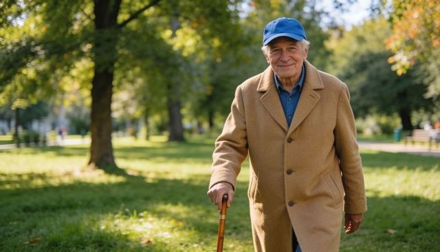 Smiling senior man walking with cane in sunny park wearing tan overcoat and blue cap