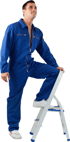 mechanic climbing stool in blue jumpsuit on transparent background - Download Free Stock Videos Pikwizard.com