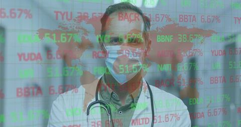 Masked Doctor in Hospital Ward with Stock Ticker Overlay