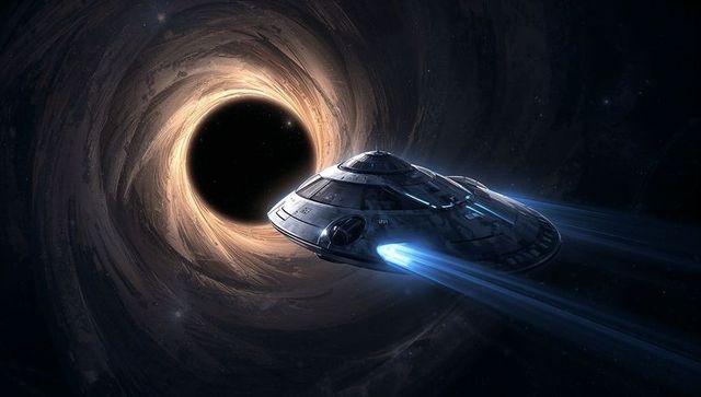 Futuristic saucer ship gliding near cosmic black hole