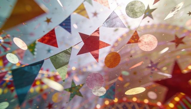 Vibrant festival bunting and star cutouts swinging above sunlit canopy with confetti