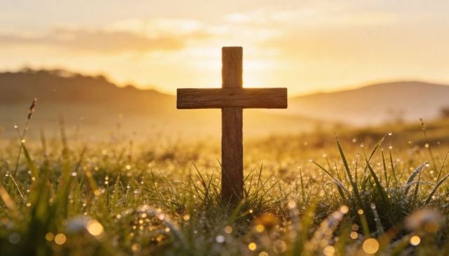 Wooden cross glowing in dewy meadow at sunrise — warm dawn spiritual symbol
