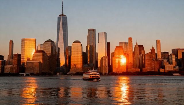 Manhattan skyline at sunset with ferry crossing hudson river, golden hour reflections