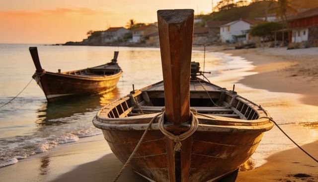 Wooden longtail boats moored on tropical beach at golden sunset with calm sea reflections
