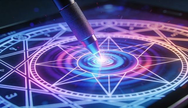 Neon mystic interface: stylus activating futuristic glowing sigil on tablet