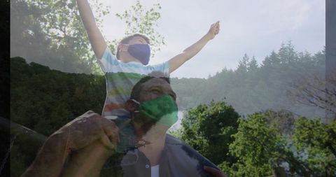 Father and Son Bonding Outdoor Adventure Wearing Masks