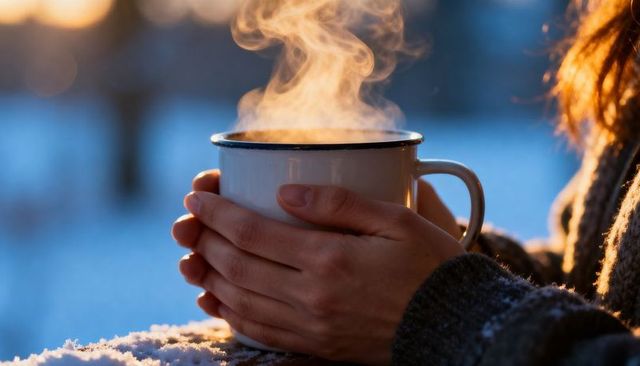 Cradling enamel mug with rising steam on snowy railing at winter sunrise