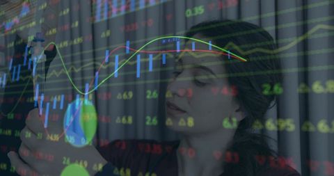 Woman using handheld analyzer with financial chart overlay, augmented analytics concept