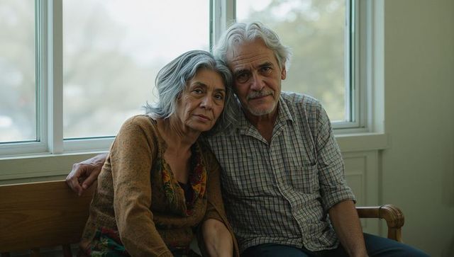 Elderly Couple Embracing on Bench by Window Showing Quiet Companionship