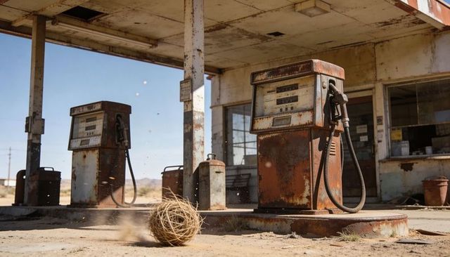 Rusty desert gas station with tumbleweed rolling past vintage fuel pumps at sunset and dust