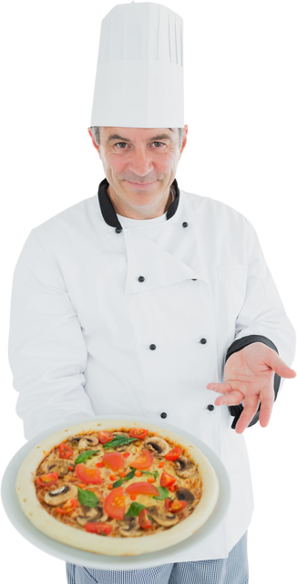 Smiling Male Chef Presenting Transparent Delicious Pizza Plate in Culinary Attire - Download Free Stock Videos Pikwizard.com