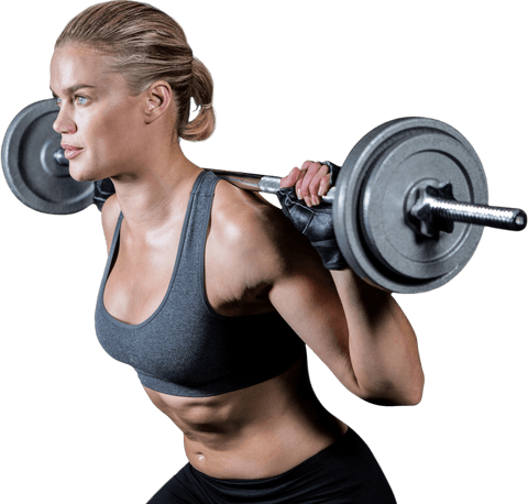 Transparent muscular woman lifting heavy barbell in studio