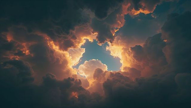 Sunlit Cumulus Clouds with Dramatic Circular Sky Opening