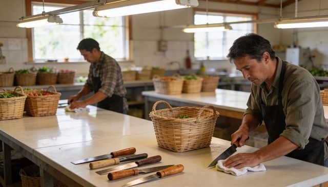 Farmworkers cleaning serrated knives and packing fresh produce at bright packing table