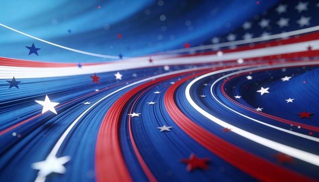 Dynamic patriotic red white blue ribbons curving with stars and motion lines