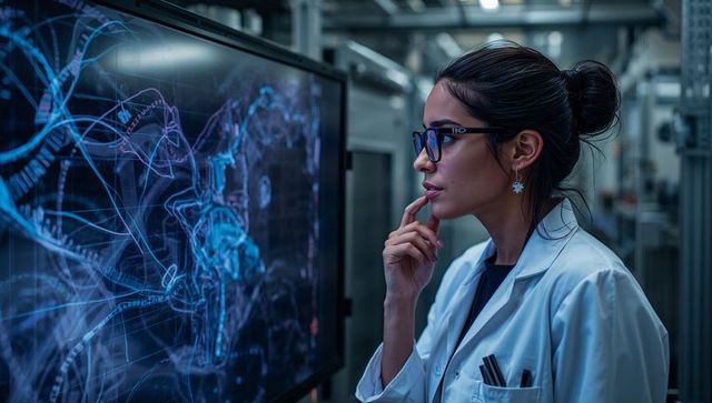 Female scientist analyzing holographic data on lab display for high-tech AI research