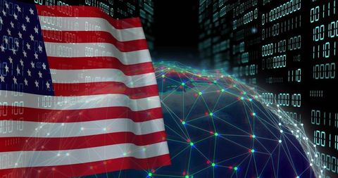 American flag overlaying cyber globe with neon network nodes, binary code and connectivity