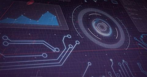 Displaying futuristic HUD dashboard with concentric radar, neon circuits and blue chart