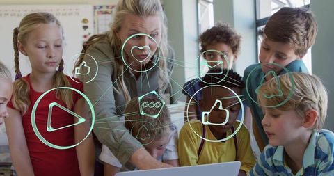 Teacher and Children Engaged in Digital Learning with Social Media Icons