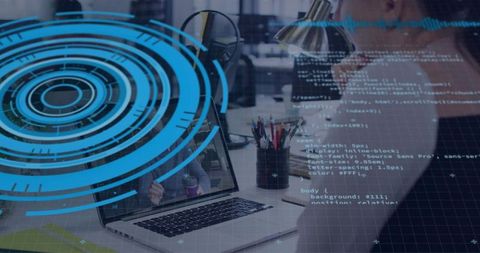 Displaying Laptop with Futuristic HUD Overlay and Code in Modern Office Workspace for Tech
