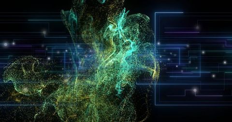 Futuristic Particle Cloud with Neon Circuit Network