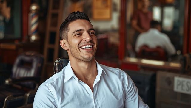 Smiling man sitting in barber chair enjoying fresh haircut in vintage barbershop