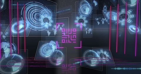 Futuristic digital interface with neon qr code and data visualizations