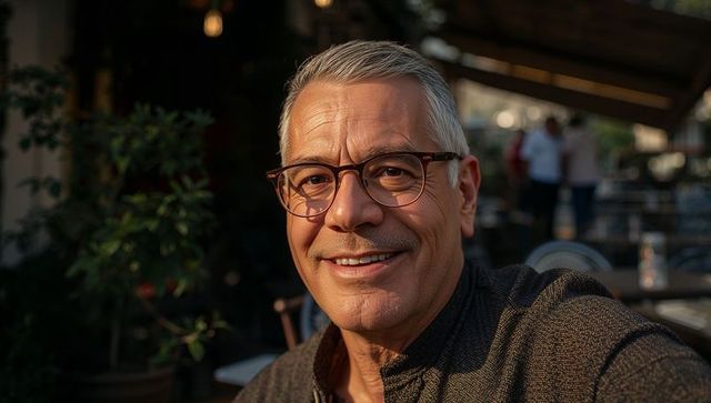 Smiling silver-haired man wearing tortoiseshell glasses and zip-up sweater at sunlit cafe