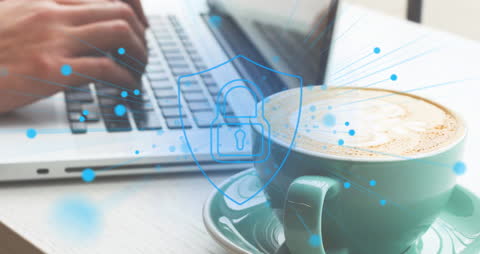 Cyber Security Concept with Laptop and Padlock Overlay in Cafe