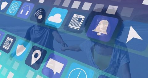 Couple Holding Hands with Digital Icons Overlaying Background