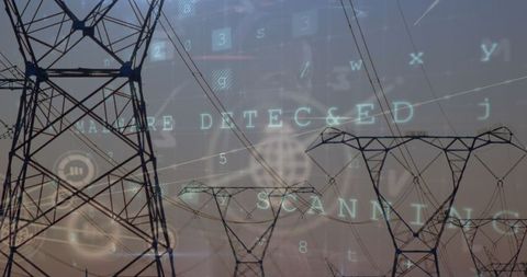 Malware scanning overlay on high-voltage towers at dusk
