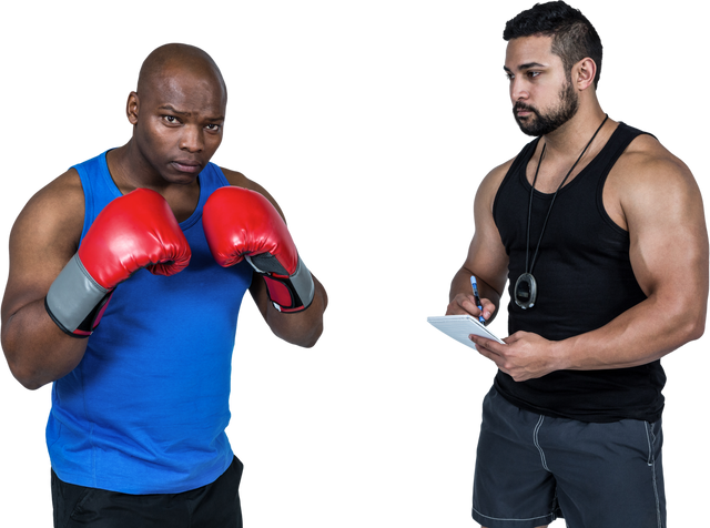 Transparent boxer in stance next to transparent coach taking notes with clipboard - Download Free Stock Videos Pikwizard.com