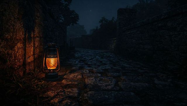 Glowing kerosene lantern casting warm light on wet cobblestone alley at night