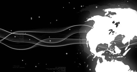Stylized western hemisphere map with waveforms on dark background