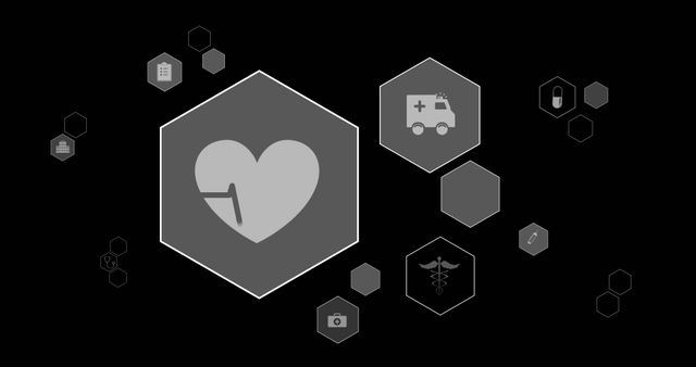 Illustration showcasing various medical icons on a black background with hexagonal design elements. Used for healthcare presentations, medical technology applications, and educational materials regarding health and wellness sectors.