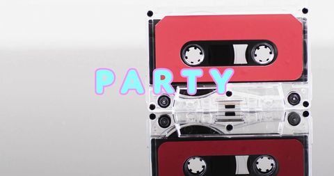 Retro party inscription over red cassette tape