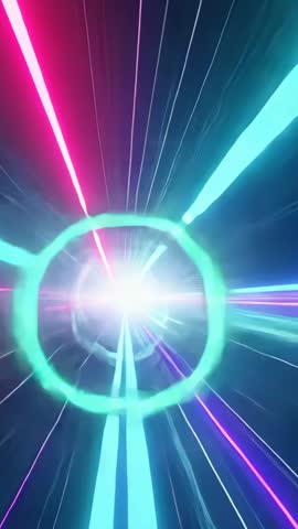 Neon Beams Racing Through Tunnel Toward Pulsing Light Orb with Turquoise Ring