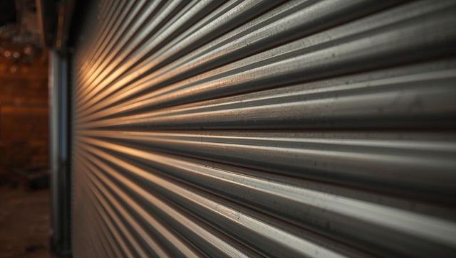 Corrugated metal shutter reflecting amber light in narrow urban alley