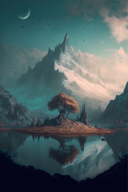 This visually captivating scene depicts a serene, enchanted landscape that features a high snowy mountain and a calm, reflective lake beneath a crescent moon. Ideal for fantasy book covers, nature-themed artwork, meditation visuals, or desktop backgrounds. It is ideal for enhancing projects that aim to evoke tranquility, mystical scenery, or otherworldly charm.