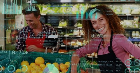 Smiling vendor leaning on citrus crates with digital analytics overlay, market teamwork