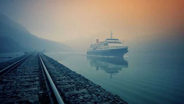 Ship sailing peaceful waters beside railway tracks at dusk
