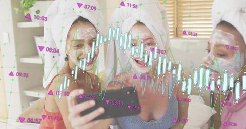 Friends taking selfie during at-home spa night with face masks and financial data overlay